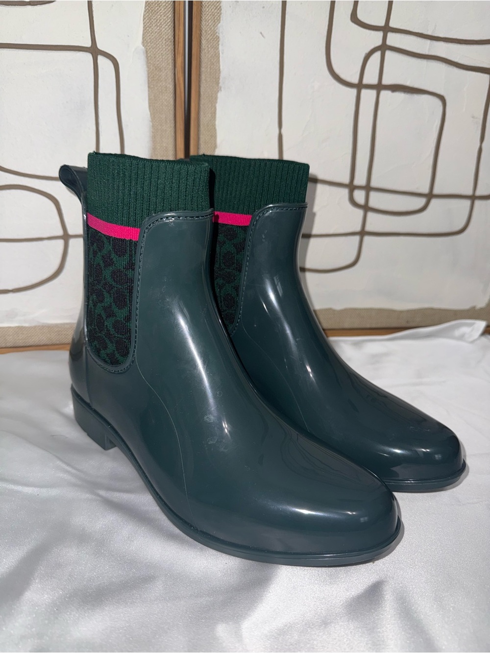 Coach Dark Green Chelsea Rain Ankle Boots with Pink Trim